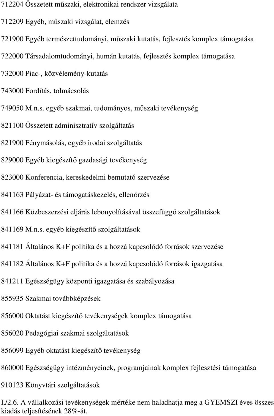 Összetett adminisztratív szolgáltatás 821900 Fénymásolás, egyéb irodai szolgáltatás 829000 Egyéb kiegészítı gazdasági tevékenység 823000 Konferencia, kereskedelmi bemutató szervezése 841163 Pályázat-