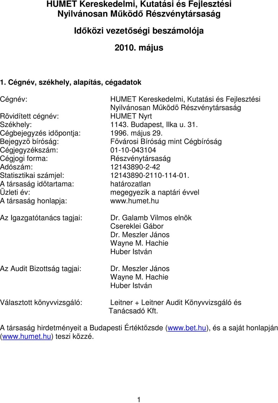 Cégbejegyzés időpontja: 1996. május 29.