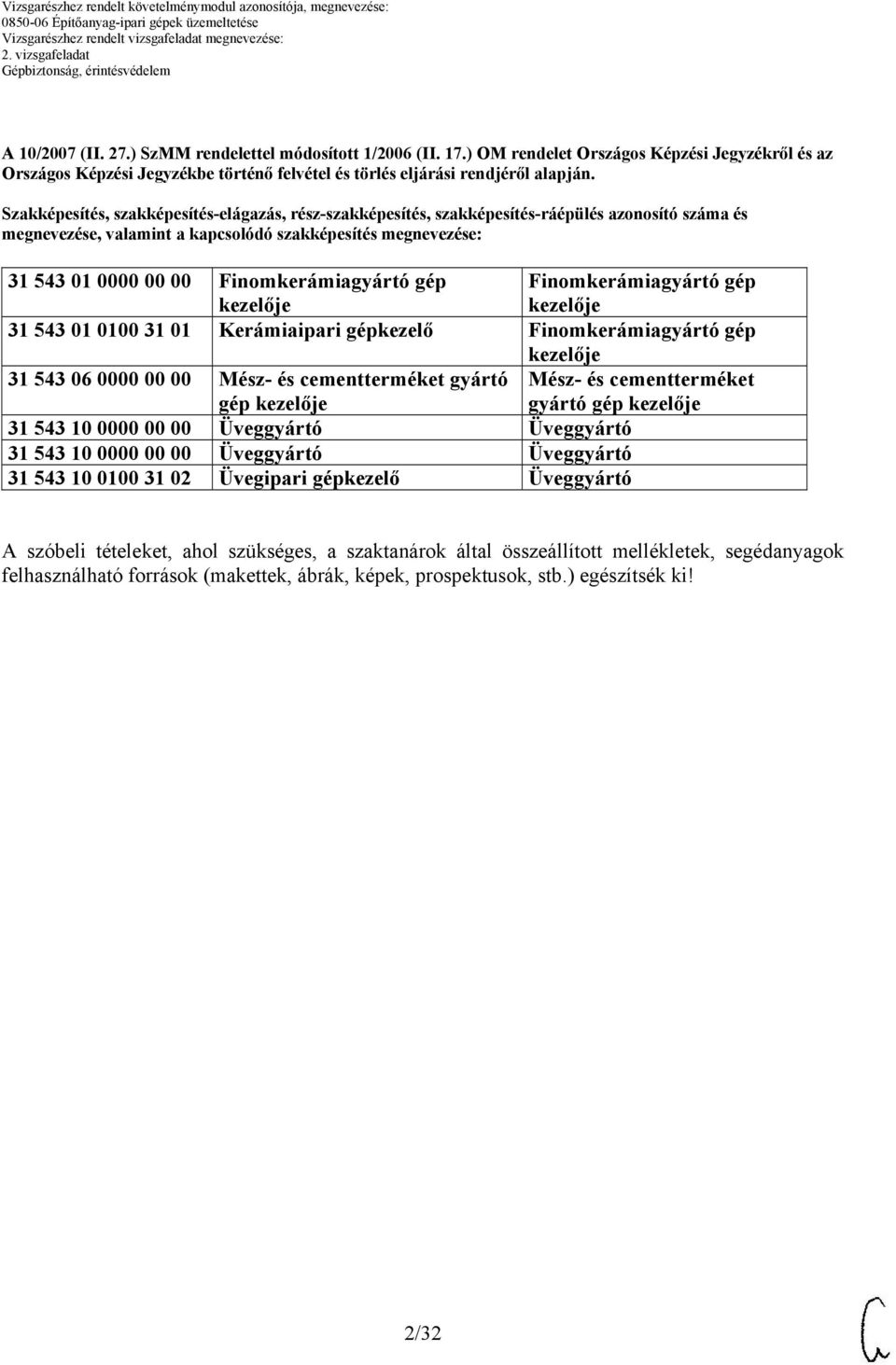 Finomkerámiagyártó gép kezelője Finomkerámiagyártó gép kezelője 31 543 01 00 31 01 Kerámiaipari gépkezelő Finomkerámiagyártó gép kezelője 31 543 06 0000 00 00 Mész- és cementterméket gyártó gép