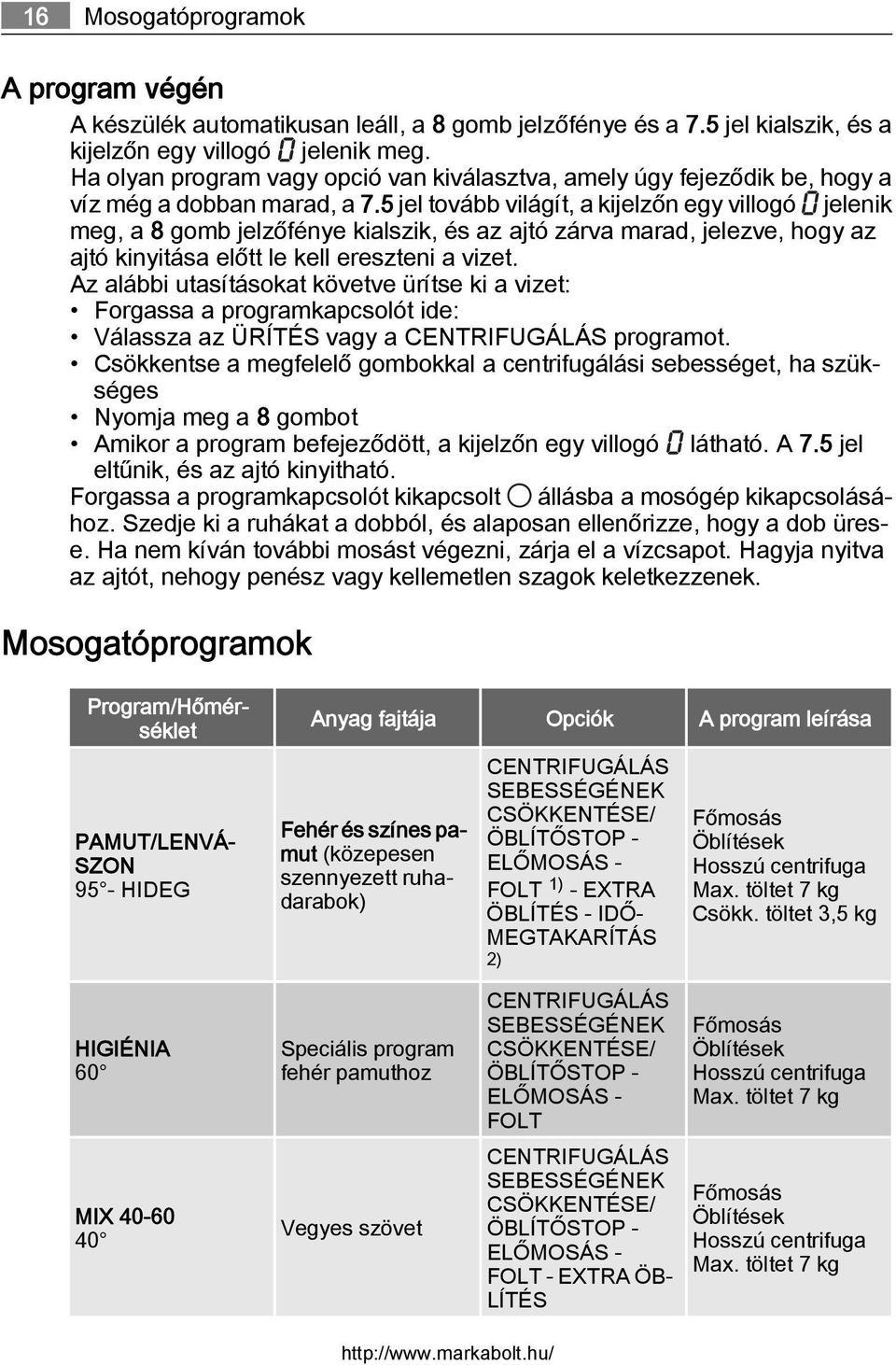 5 jel tovább világít, a kijelzőn egy villogó jelenik meg, a 8 gomb jelzőfénye kialszik, és az ajtó zárva marad, jelezve, hogy az ajtó kinyitása előtt le kell ereszteni a vizet.