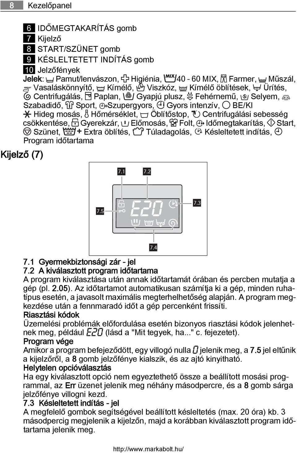 sebesség csökkentése, Gyerekzár, Előmosás, Folt, Időmegtakarítás, Start, Szünet, Extra öblítés, Túladagolás, Késleltetett indítás, Program időtartama Kijelző (7) 7.1 7.2 7.3 7.5 7.4 7.