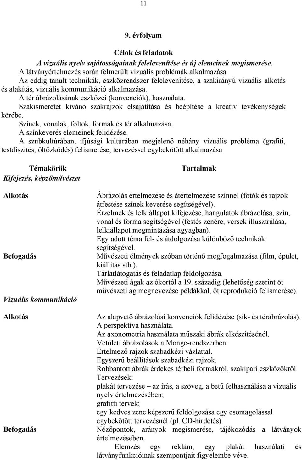 Szakismeretet kívánó szakrajzok elsajátítása és beépítése a kreatív tevékenységek körébe. Színek, vonalak, foltok, formák és tér alkalmazása. A színkeverés elemeinek felidézése.