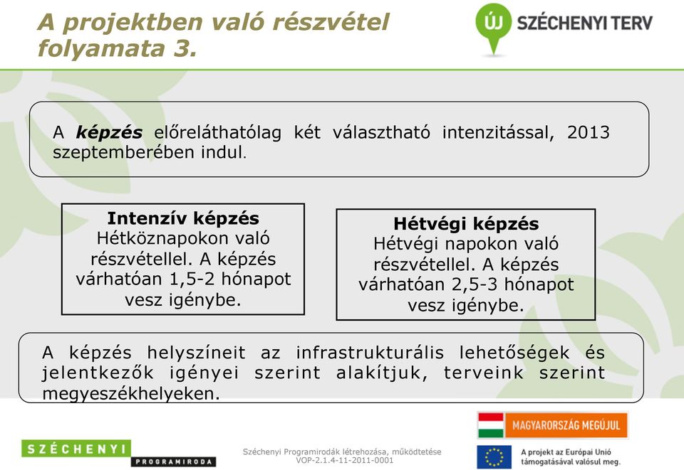 Intenzív képzés Hétköznapokon való részvétellel. A képzés várhatóan 1,5-2 hónapot vesz igénybe.