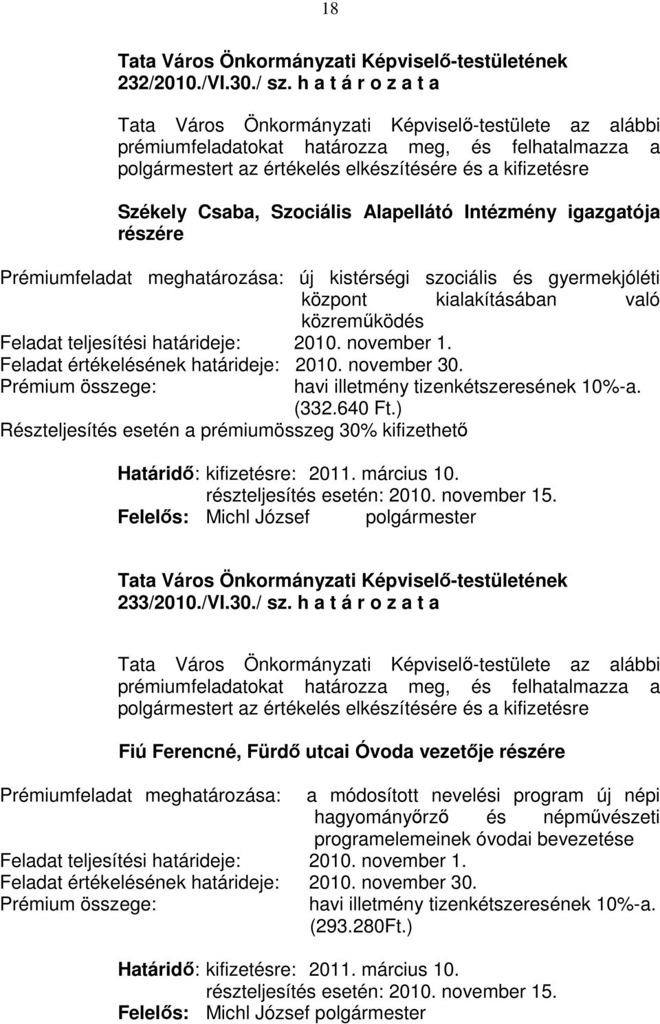 Csaba, Szociális Alapellátó Intézmény igazgatója részére Prémiumfeladat meghatározása: új kistérségi szociális és gyermekjóléti központ kialakításában való közremőködés Feladat teljesítési