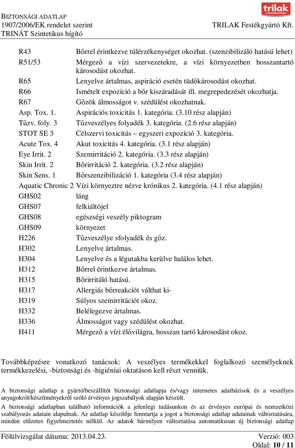 Aspirációs toxicitás 1. kategória. (3.10 rész alapján) Tűzv. foly. 3 Tűzveszélyes folyadék 3. kategória. (2.6 rész alapján) STOT SE 3 Célszervi toxicitás egyszeri expozíció 3. kategória. Acute Tox.