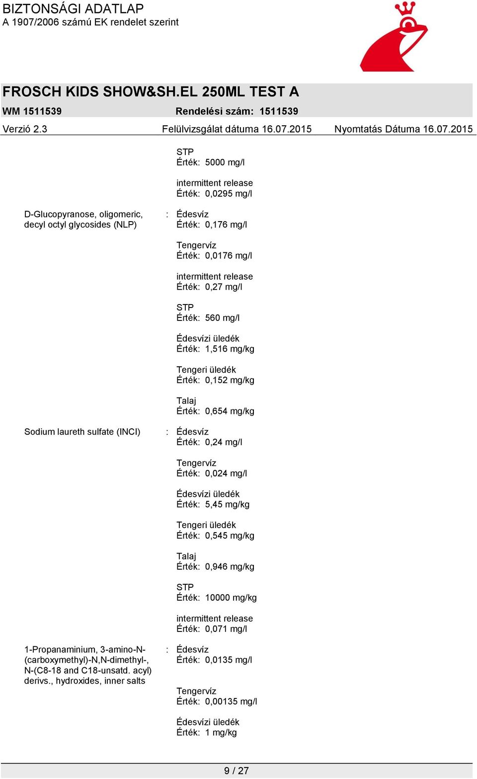 Tengervíz Érték: 0,024 mg/l Édesvízi üledék Érték: 5,45 mg/kg Tengeri üledék Érték: 0,545 mg/kg Talaj Érték: 0,946 mg/kg STP Érték: 10000 mg/kg intermittent release Érték: 0,071 mg/l