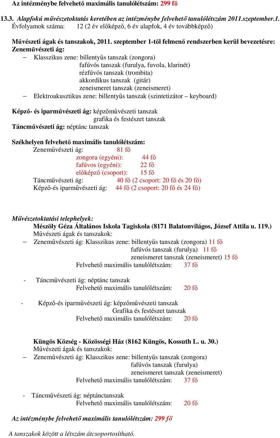 (gitár) zeneismeret tanszak (zeneismeret) Elektroakusztikus zene: billentyűs tanszak (szintetizátor keyboard) Képző- és iparművészeti ág: képzőművészeti tanszak grafika és festészet tanszak