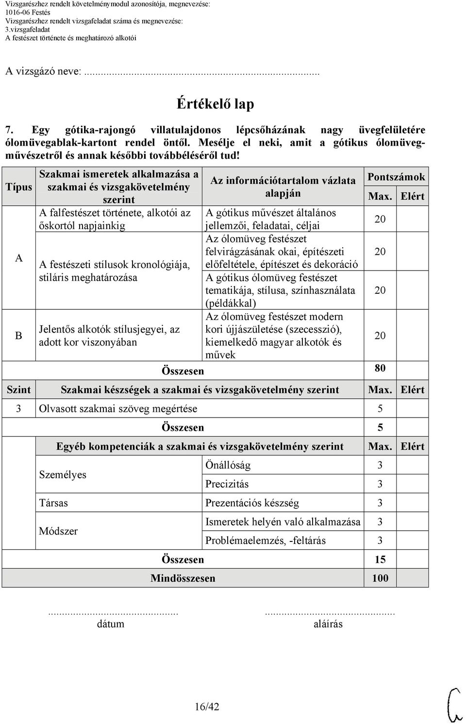 Típus B Szakmai ismeretek alkalmazása a szakmai és vizsgakövetelmény szerint falfestészet története, alkotói az őskortól napjainkig festészeti stílusok kronológiája, stiláris meghatározása Jelentős