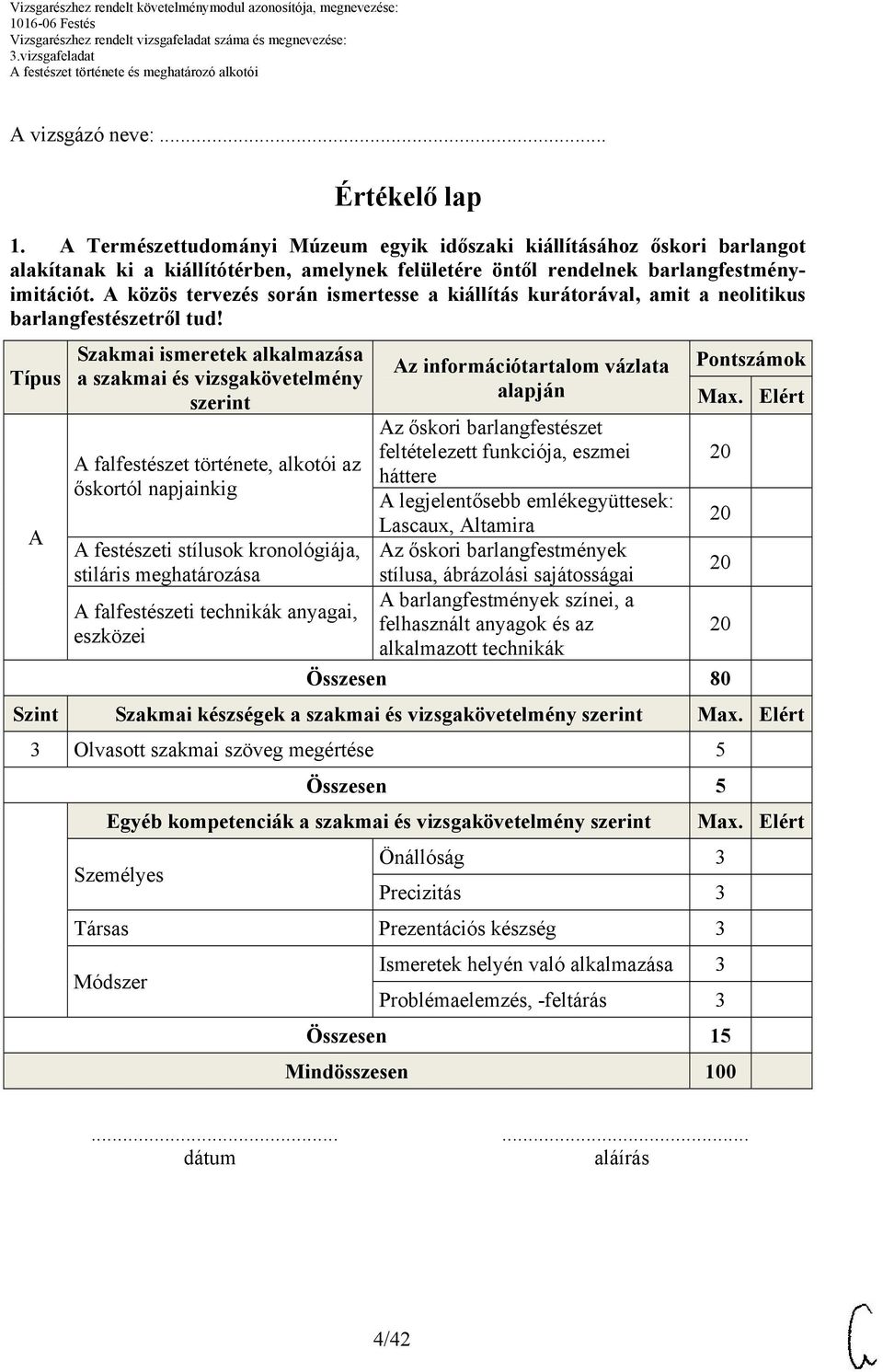 Típus Szakmai ismeretek alkalmazása a szakmai és vizsgakövetelmény szerint falfestészet története, alkotói az őskortól napjainkig festészeti stílusok kronológiája, stiláris meghatározása