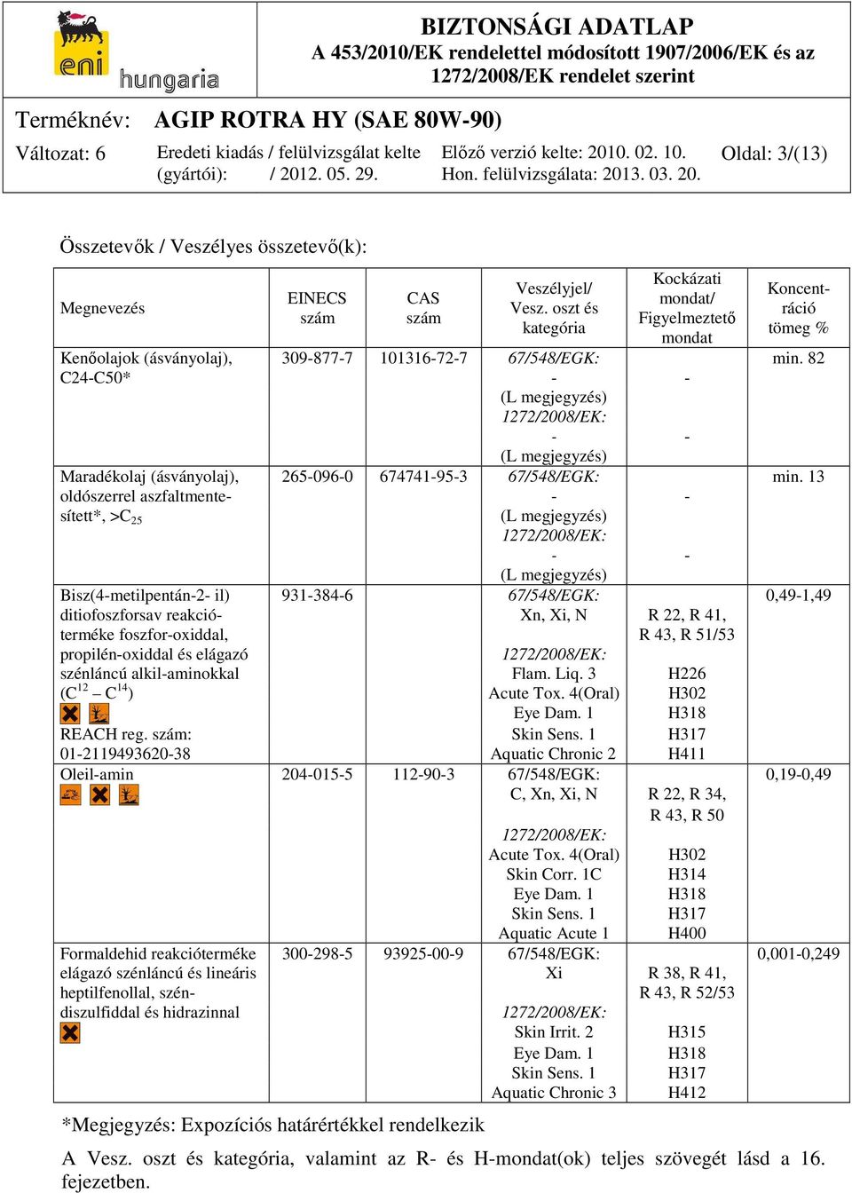 82 C24-C50* - - (L megjegyzés) 1272/2008/EK: - - (L megjegyzés) Maradékolaj (ásványolaj), 265-096-0 674741-95-3 67/548/EGK: min.