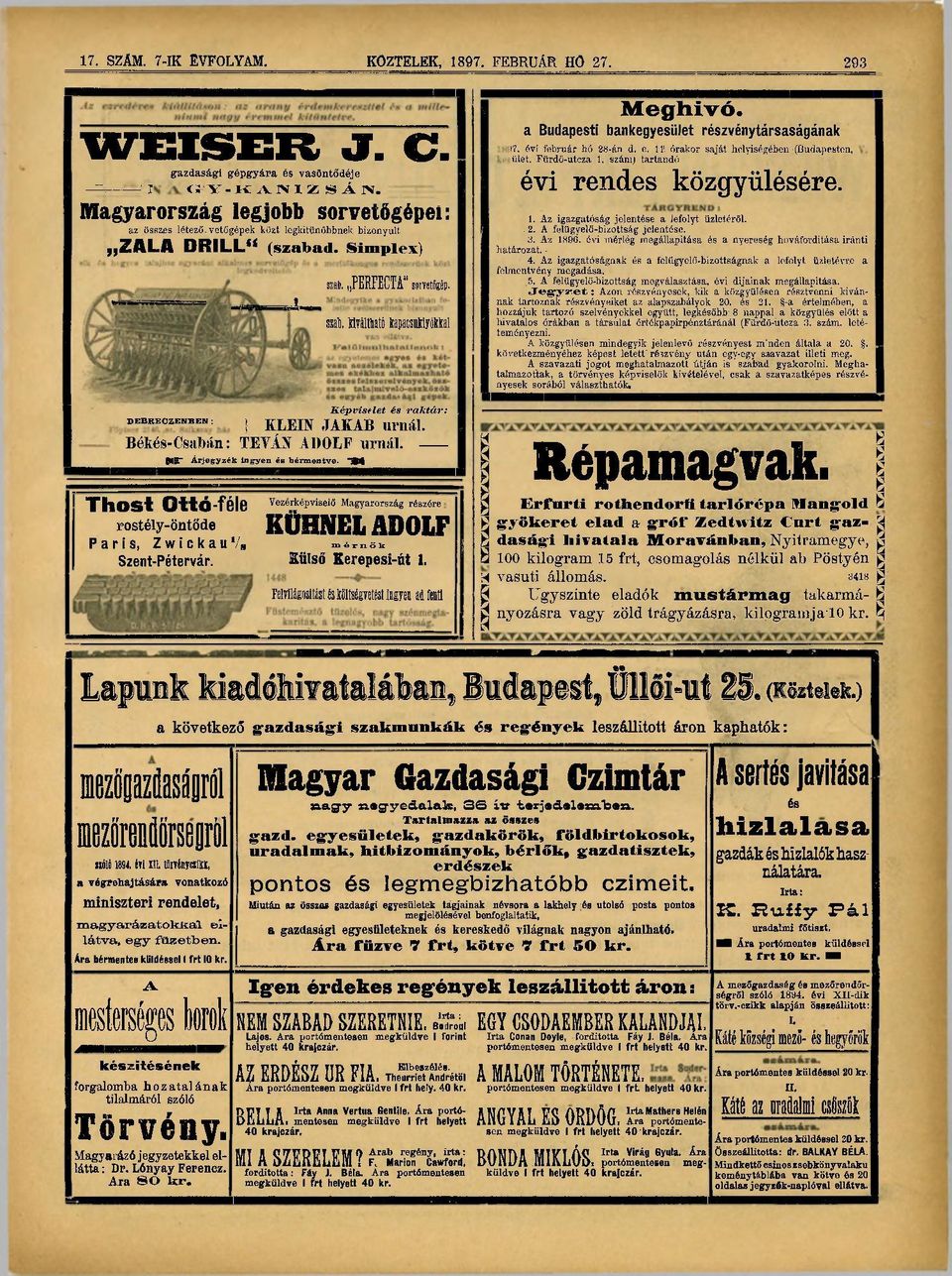 Békés-Csabán: TEYÁJí ADOLF urnái. MP Árjegyzék ingyen és bérmentve. "3W TllOSt Ottó-féle rostély-öntöde Paris, Z w i c k a u Vs Szent-Pétervár.