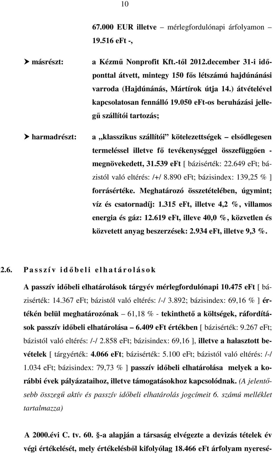 050 eft-os beruházási jellegű szállítói tartozás; a klasszikus szállítói kötelezettségek elsődlegesen termeléssel illetve fő tevékenységgel összefüggően - megnövekedett, 31.539 eft [ bázisérték: 22.