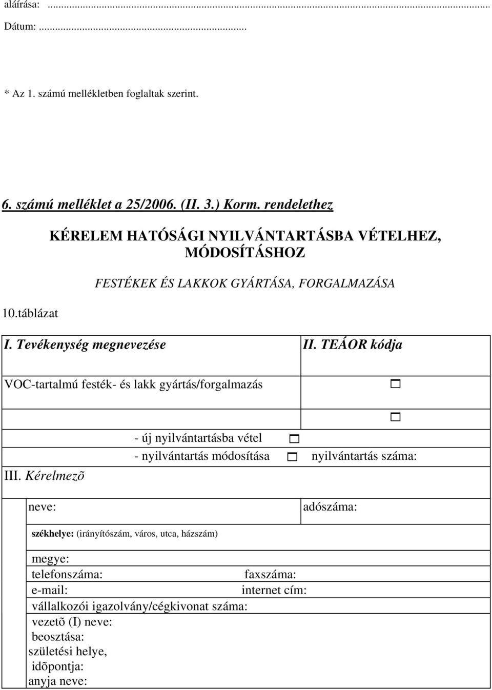 TEÁOR kódja VOC-tartalmú festék- és lakk gyártás/forgalmazás III.