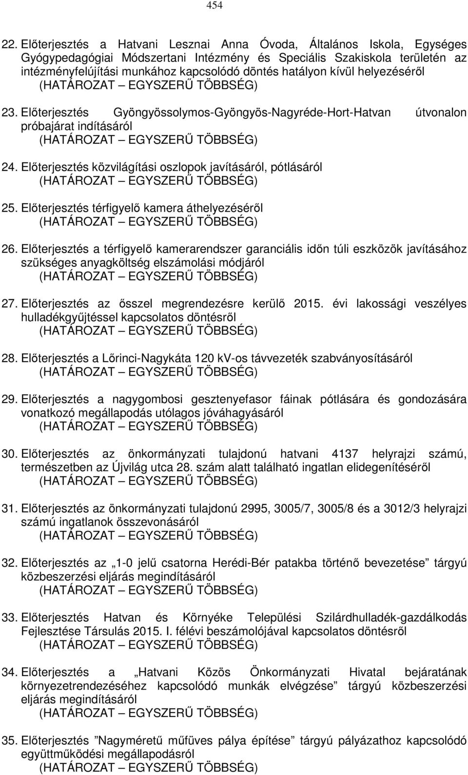 hatályon kívül helyezéséről 23. Előterjesztés Gyöngyössolymos-Gyöngyös-Nagyréde-Hort-Hatvan útvonalon próbajárat indításáról 24. Előterjesztés közvilágítási oszlopok javításáról, pótlásáról 25.