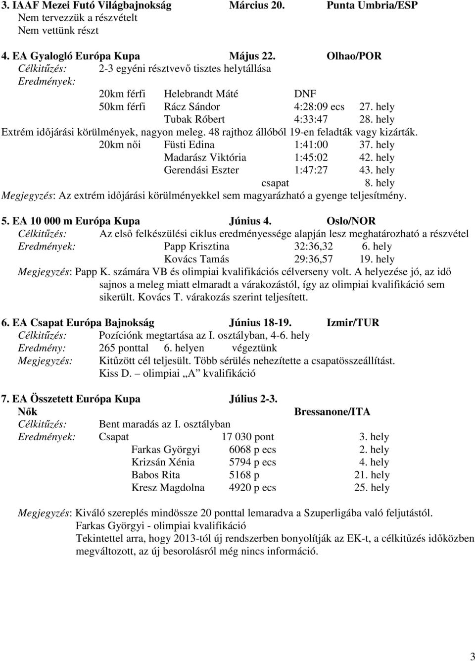 hely Extrém időjárási körülmények, nagyon meleg. 48 rajthoz állóból 19-en feladták vagy kizárták. 20km női Füsti Edina 1:41:00 37. hely Madarász Viktória 1:45:02 42. hely Gerendási Eszter 1:47:27 43.