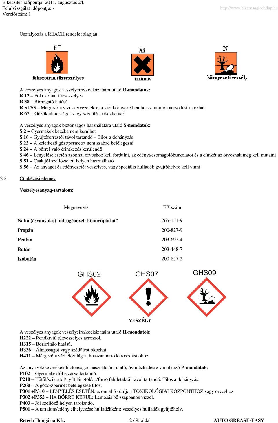 Gyújtóforrástól távol tartandó Tilos a dohányzás S 23 A keletkezı gızt/permetet nem szabad belélegezni S 24 A bırrel való érintkezés kerülendı S 46 Lenyelése esetén azonnal orvoshoz kell fordulni, az