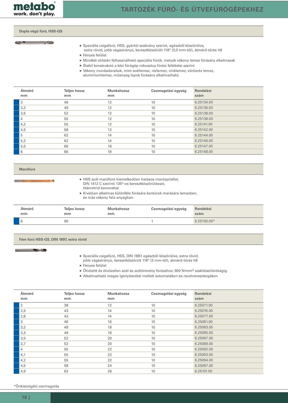 cinklemez, vörösréz lemez, alumíniumlemez, műanyag lapok fúrására alkalmazható. 3 46 12 10 6.25134.00 3,2 49 12 10 6.25136.00 3,5 52 12 10 6.25138.00 4 55 12 10 6.25139.00 4,2 55 12 10 6.25141.