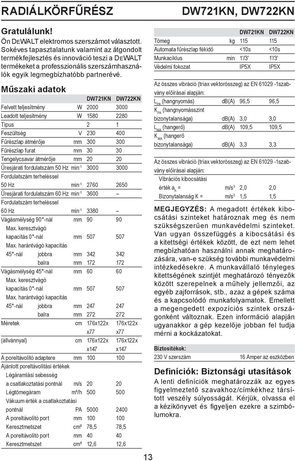 Műszaki adatok DW721KN DW722KN Felvett teljesítmény W 2000 3000 Leadott teljesítmény W 1580 2280 Típus 2 1 Feszültség V 230 400 Fűrészlap átmérője mm 300 300 Fűrészlap furat mm 30 30 Tengelycsavar