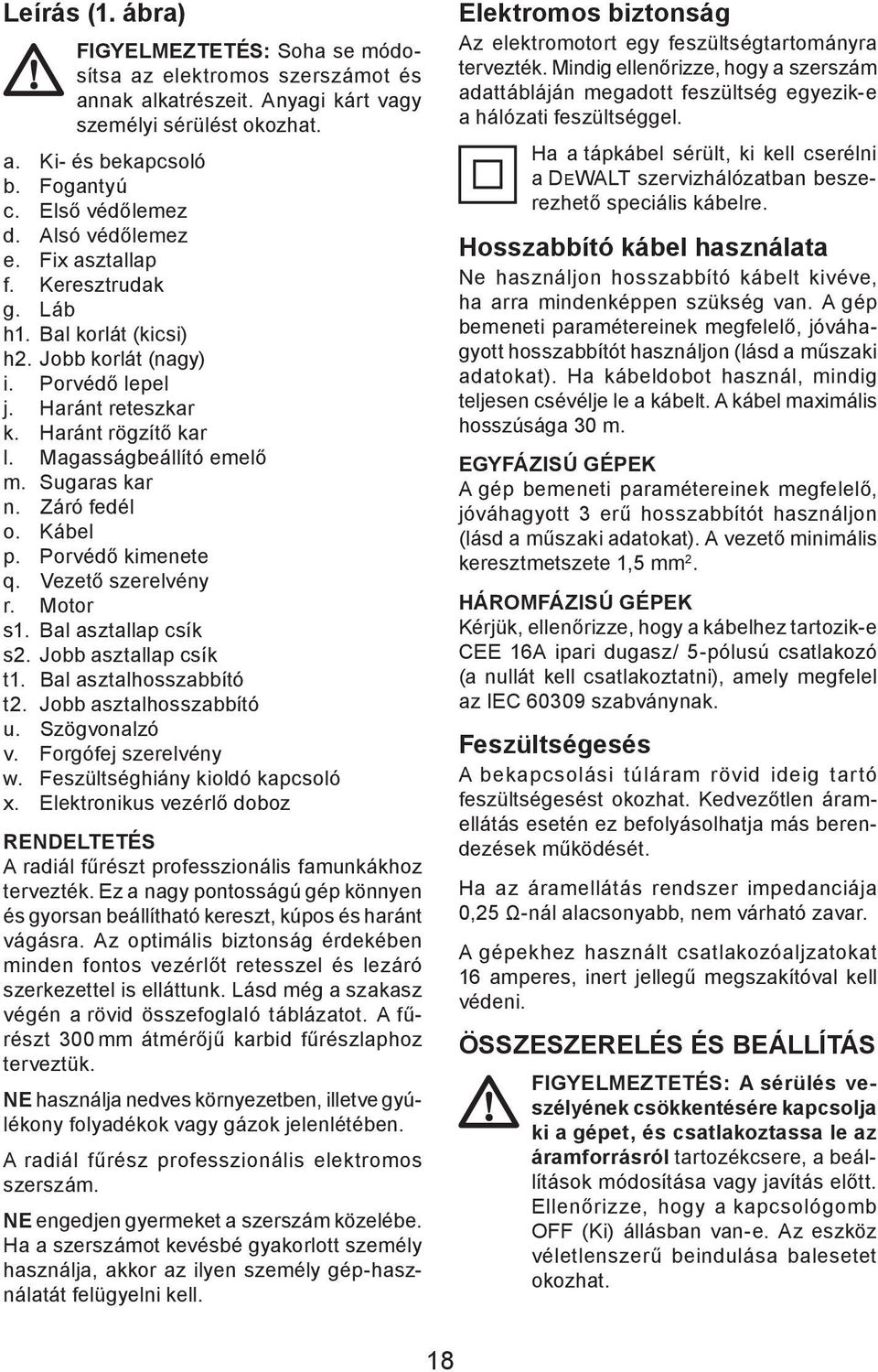 Sugaras kar n. Záró fedél o. Kábel p. Porvédő kimenete q. Vezető szerelvény r. Motor s1. Bal asztallap csík s2. Jobb asztallap csík t1. Bal asztalhosszabbító t2. Jobb asztalhosszabbító u.