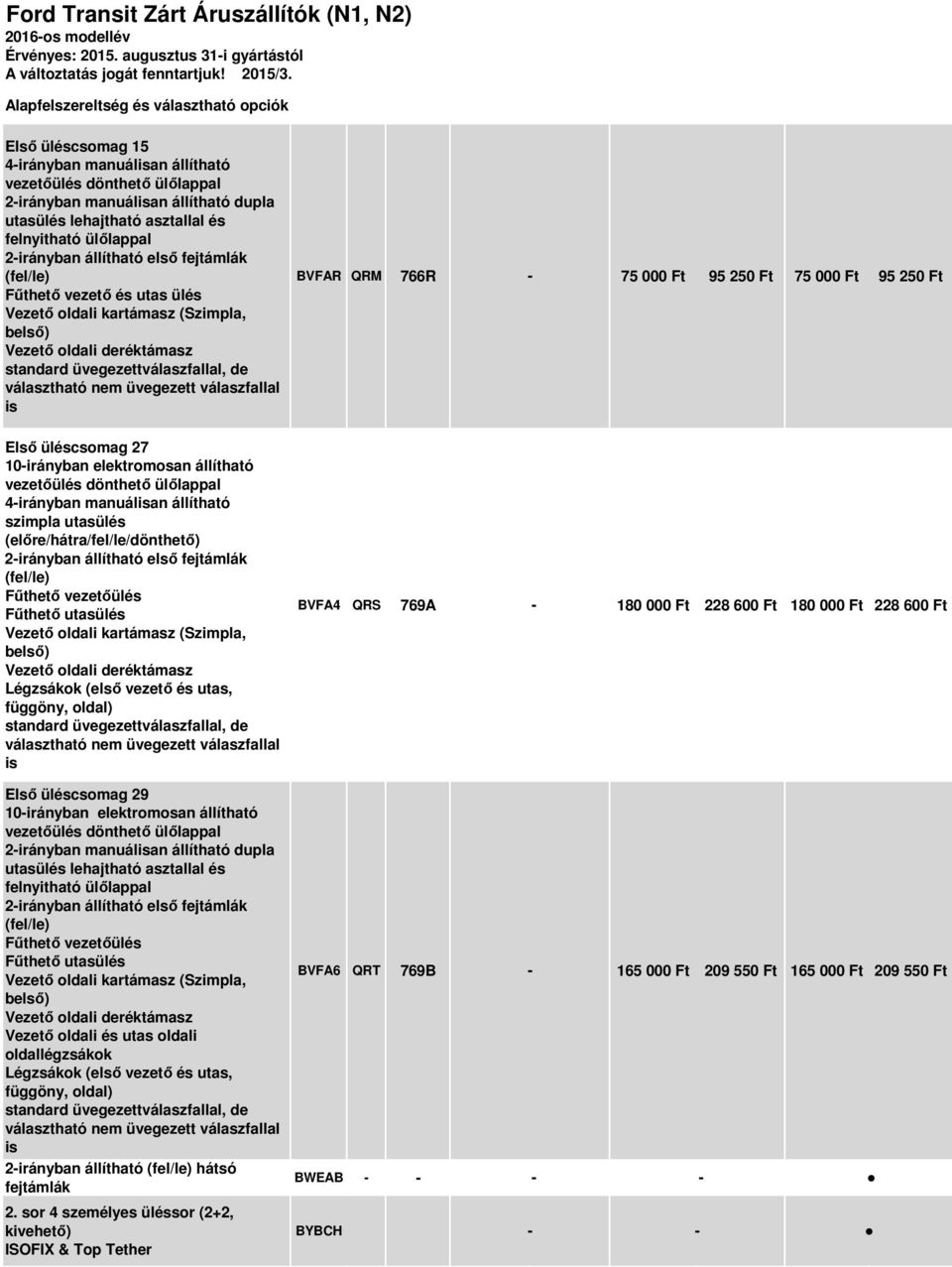 2irányban állítható első fejtámlák (fel/le) Fűthető vezető és utas ülés Vezető oldali kartámasz (Szimpla, belső) Vezető oldali deréktámasz standard üvegezettválaszfallal, de választható nem üvegezett