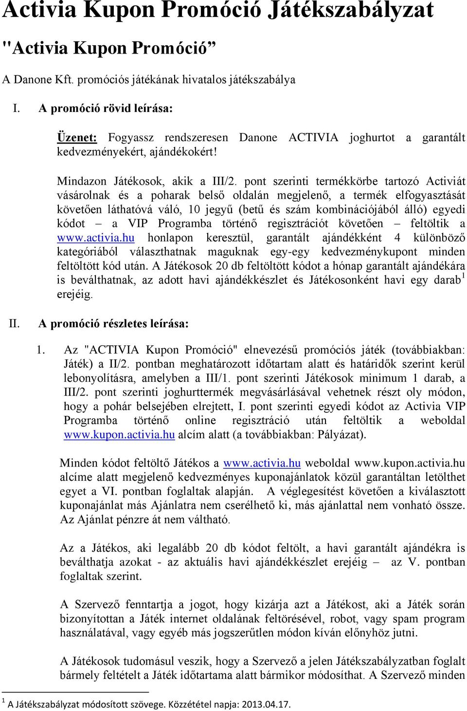 Activia Kupon Promóció Játékszabályzat - PDF Ingyenes letöltés