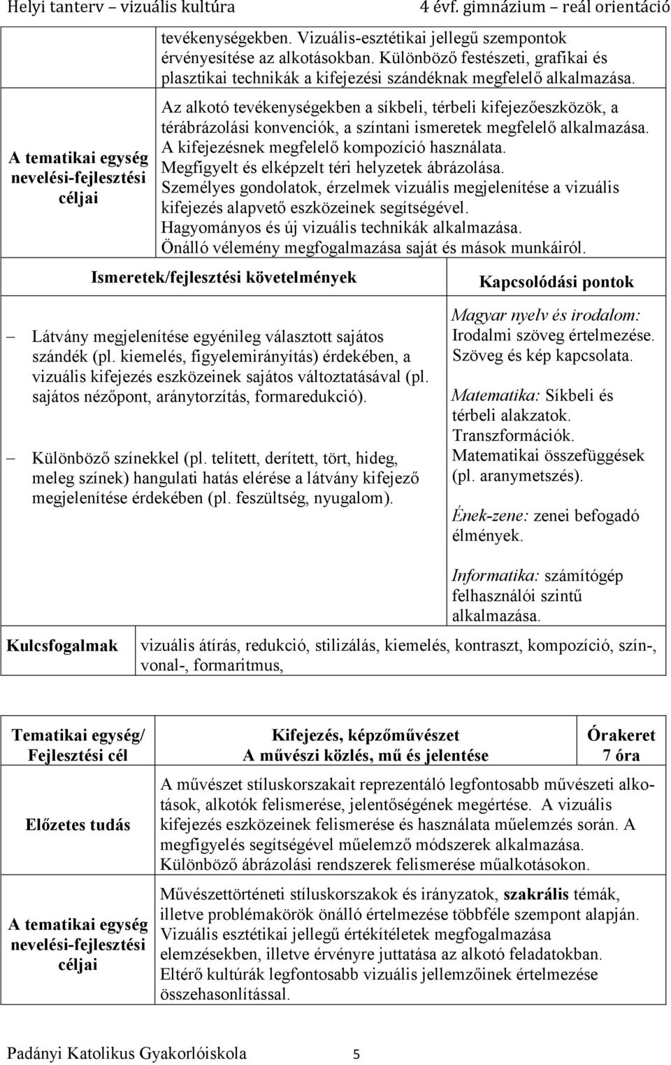 Megfigyelt és elképzelt téri helyzetek ábrázolása. Személyes gondolatok, érzelmek vizuális megjelenítése a vizuális kifejezés alapvető eszközeinek segítségével.