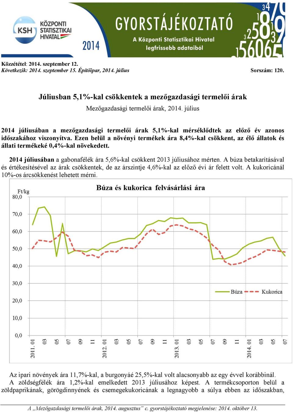 Ezen belül a növényi ára 8,4%-kal csökkent, az élő állatok és állati é 0,4%-kal növekedett. júliusában a gabonafélék ára 5,6%-kal csökkent júliusához mérten.