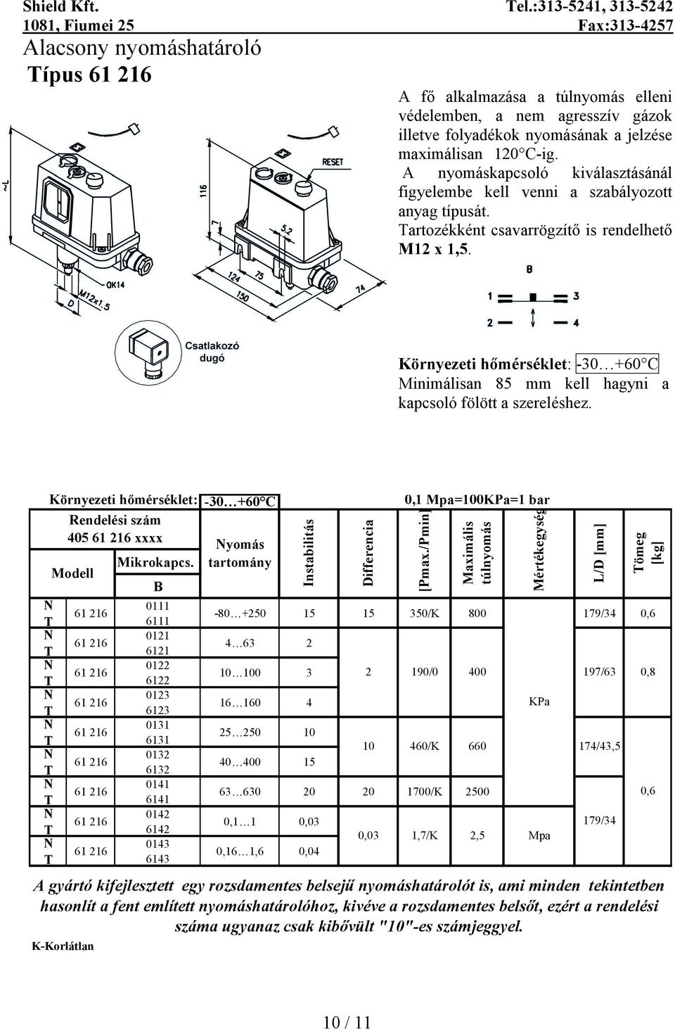 Környezeti hőmérséklet: -30 +60 C Minimálisan 85 mm kell hagyni a kapcsoló fölött a szereléshez. Környezeti hőmérséklet: -30 +60 C 405 xxxx Mikrokapcs.