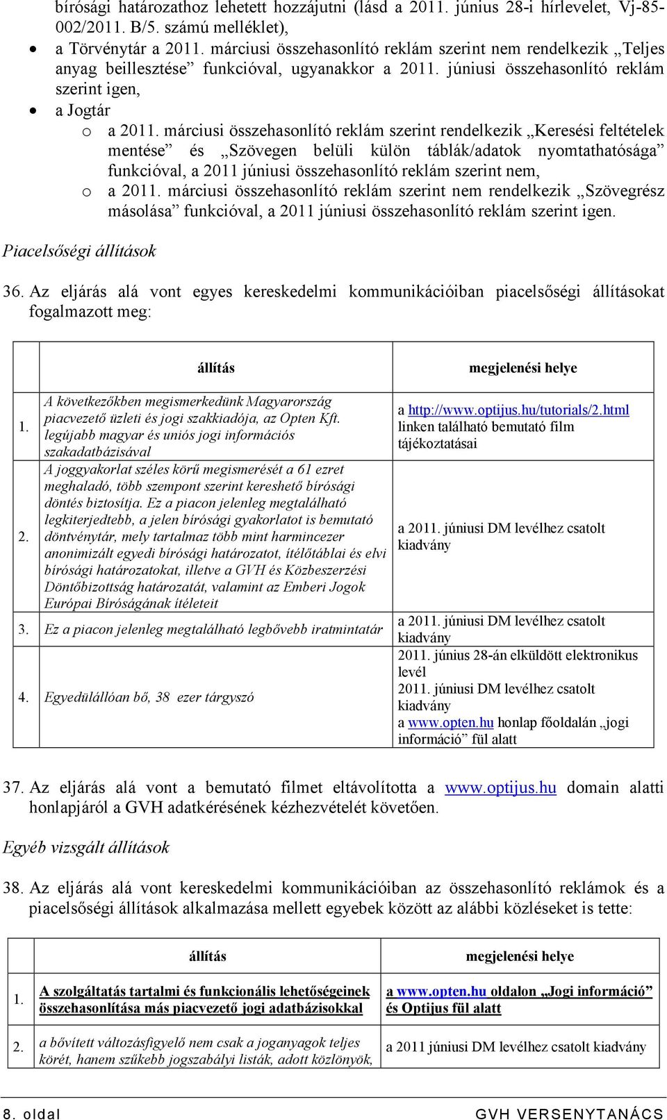 márciusi összehasonlító reklám szerint rendelkezik Keresési feltételek mentése és Szövegen belüli külön táblák/adatok nyomtathatósága funkcióval, a 2011 júniusi összehasonlító reklám szerint nem, o a