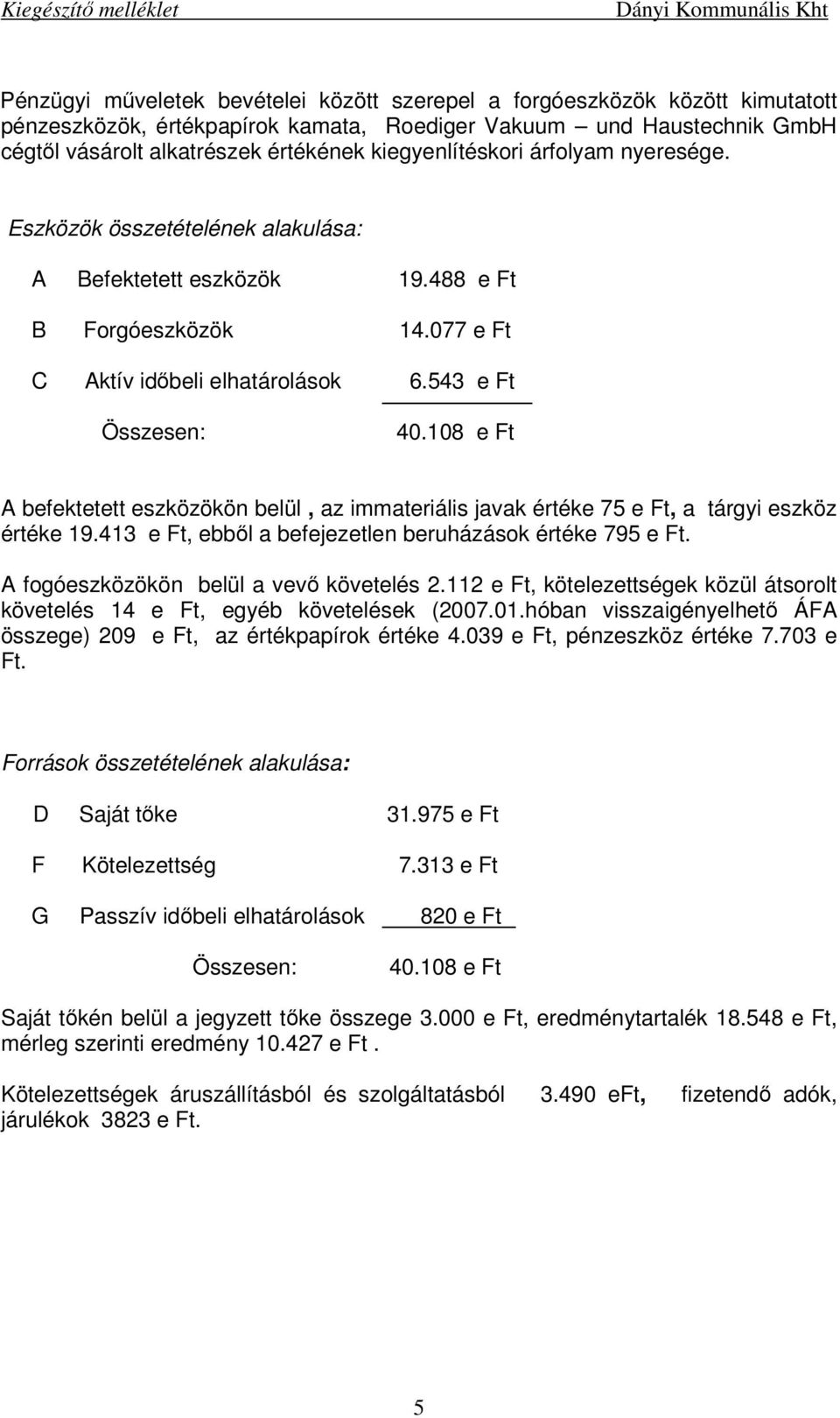 108 e Ft A befektetett eszközökön belül, az immateriális javak értéke 75 e Ft, a tárgyi eszköz értéke 19.413 e Ft, ebből a befejezetlen beruházások értéke 795 e Ft.