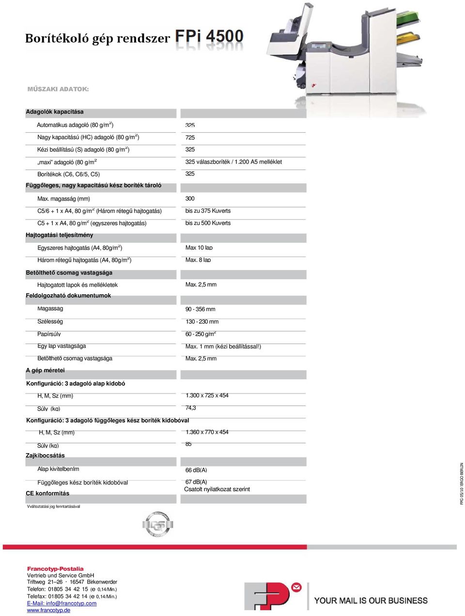 200 A5 melléklet 325 300 bis zu 375 Kuverts bis zu 500 Kuverts Hajtogatási teljesítmény Egyszeres hajtogatás (A4, 80g/m 2 ) Három rétegő hajtogatás (A4, 80g/m 2 ) Max 10 lap Max.