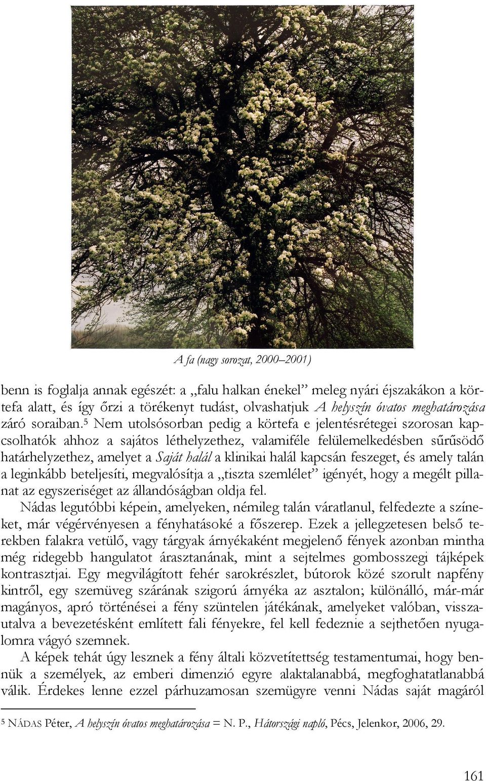 5 Nem utolsósorban pedig a körtefa e jelentésrétegei szorosan kapcsolhatók ahhoz a sajátos léthelyzethez, valamiféle felülemelkedésben sűrűsödő határhelyzethez, amelyet a Saját halál a klinikai halál