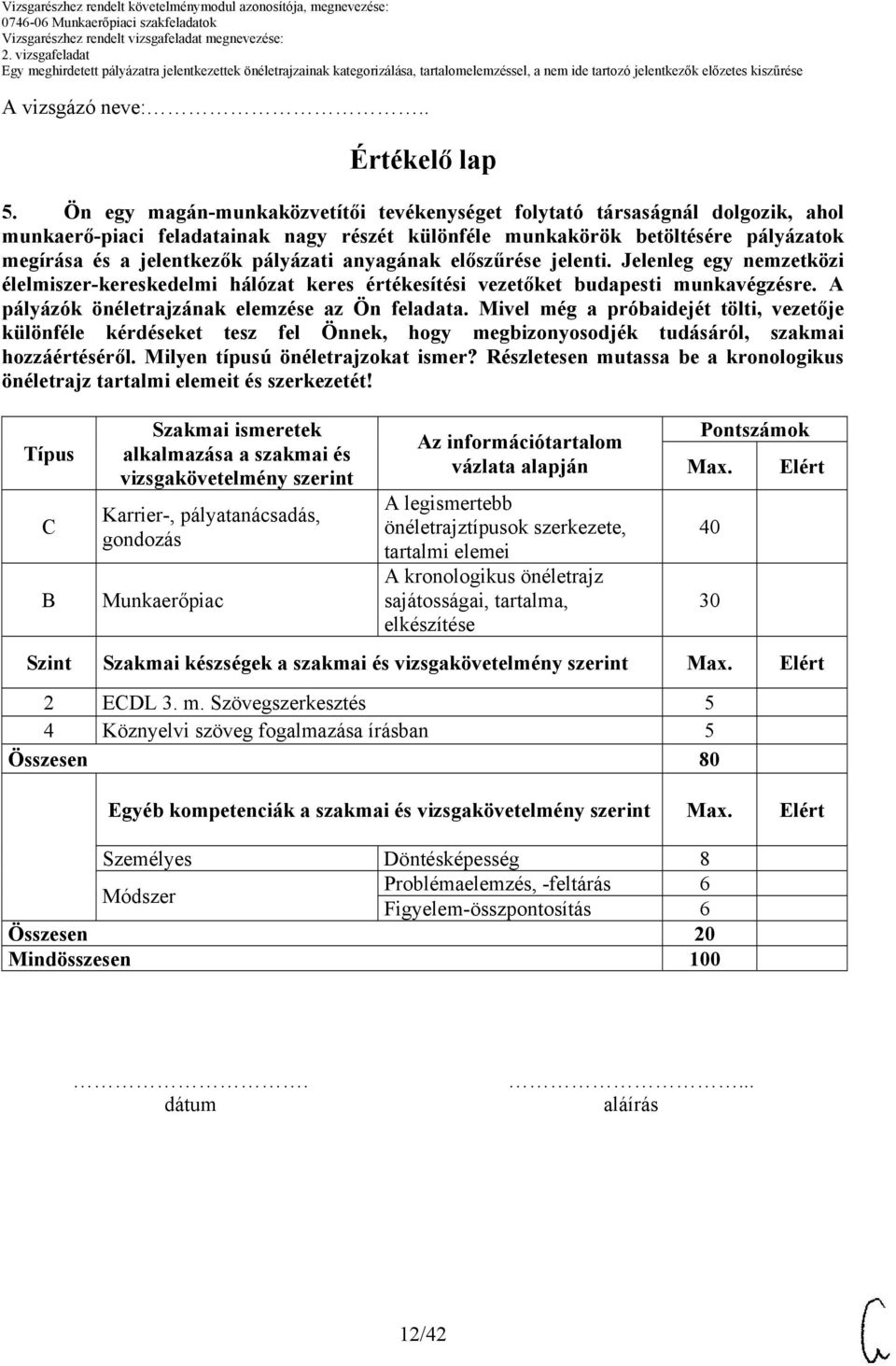 Típus C B Szakmai ismeretek alkalmazása a szakmai és vizsgakövetelmény szerint Karrier-, pályatanácsadás, gondozás Munkaerőpiac Az információtartalom vázlata alapján A legismertebb önéletrajztípusok