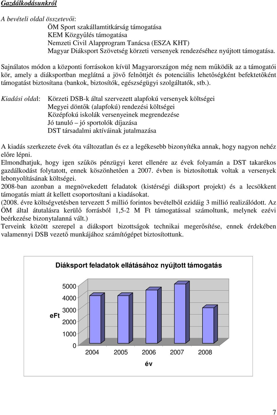 Sajnálatos módon a központi forrásokon kívül Magyarországon még nem mőködik az a támogatói kör, amely a diáksportban meglátná a jövı felnıttjét és potenciális lehetıségként befektetıként támogatást