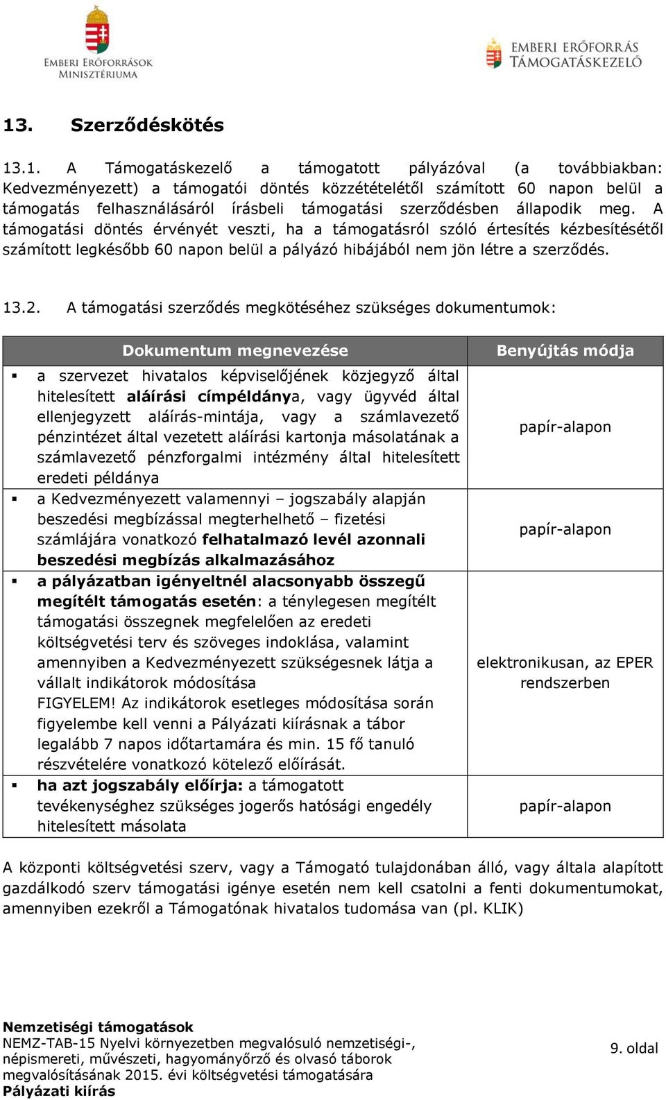 A támogatási döntés érvényét veszti, ha a támogatásról szóló értesítés kézbesítésétől számított legkésőbb 60 napon belül a pályázó hibájából nem jön létre a szerződés. 13.2.