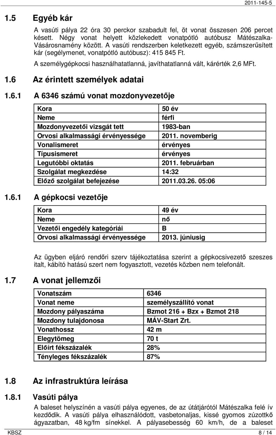 6 Az érintett személyek adatai 1.6.1 A 6346 számú vonat mozdonyvezetıje Kora 50 év Neme férfi Mozdonyvezetıi vizsgát tett 1983-ban Orvosi alkalmassági érvényessége 2011.