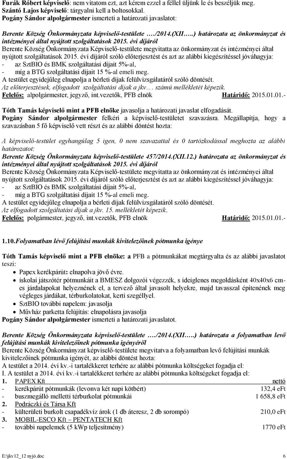 .) határozata az önkormányzat és intézményei által nyújtott szolgáltatások 2015.