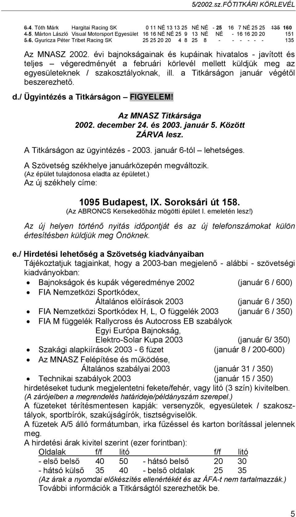 a Titkárságon január végétől beszerezhető. d./ Ügyintézés a Titkárságon FIGYELEM! Az MNASZ Titkársága 2002. december 24. és 2003. január 5. Között ZÁRVA lesz. A Titkárságon az ügyintézés - 2003.