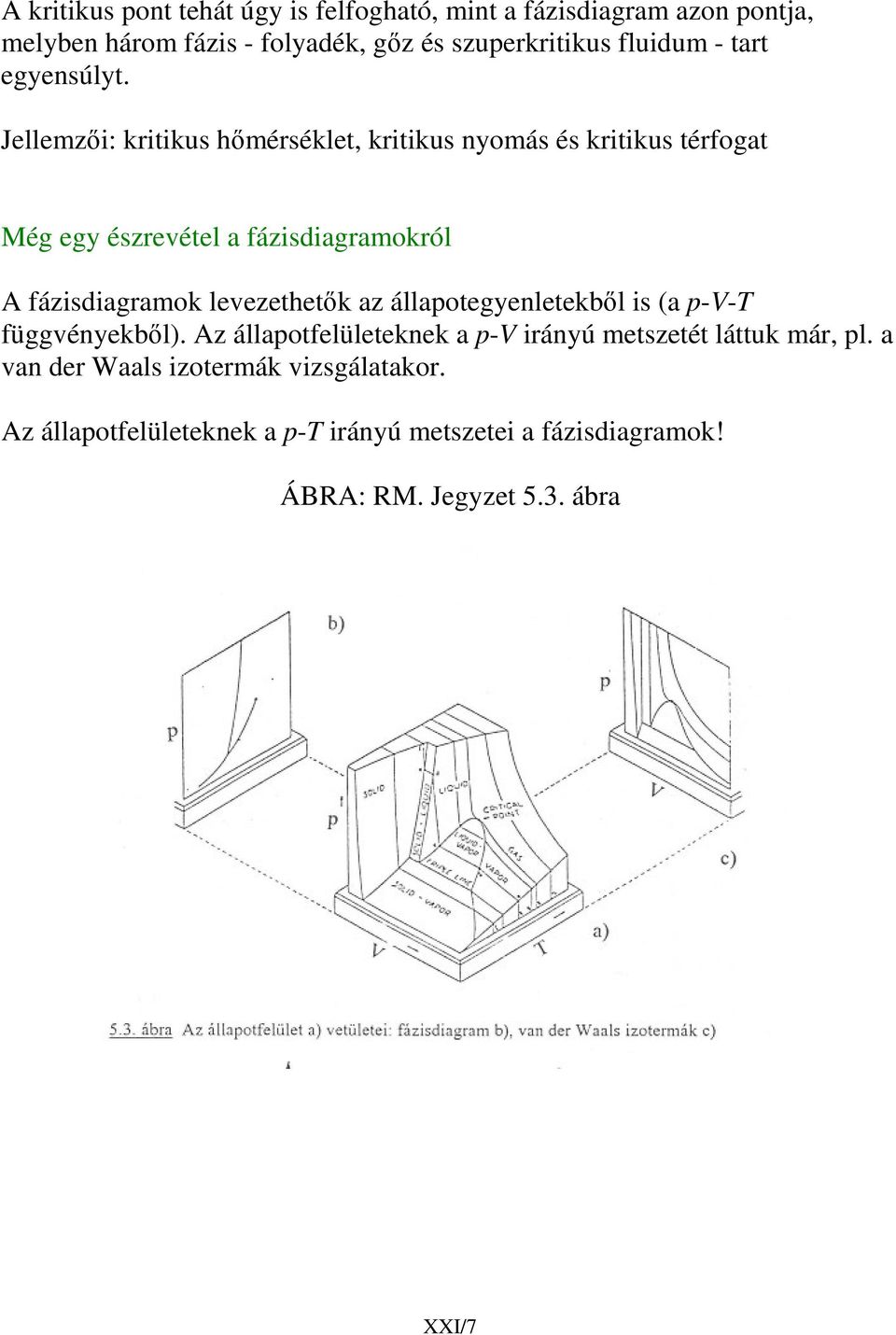 ázisdiagramok levezethetk az állaotegyenletekbl is (a -V-T üggvényekbl) Az állaotelületeknek a -V irányú metszetét láttuk már,