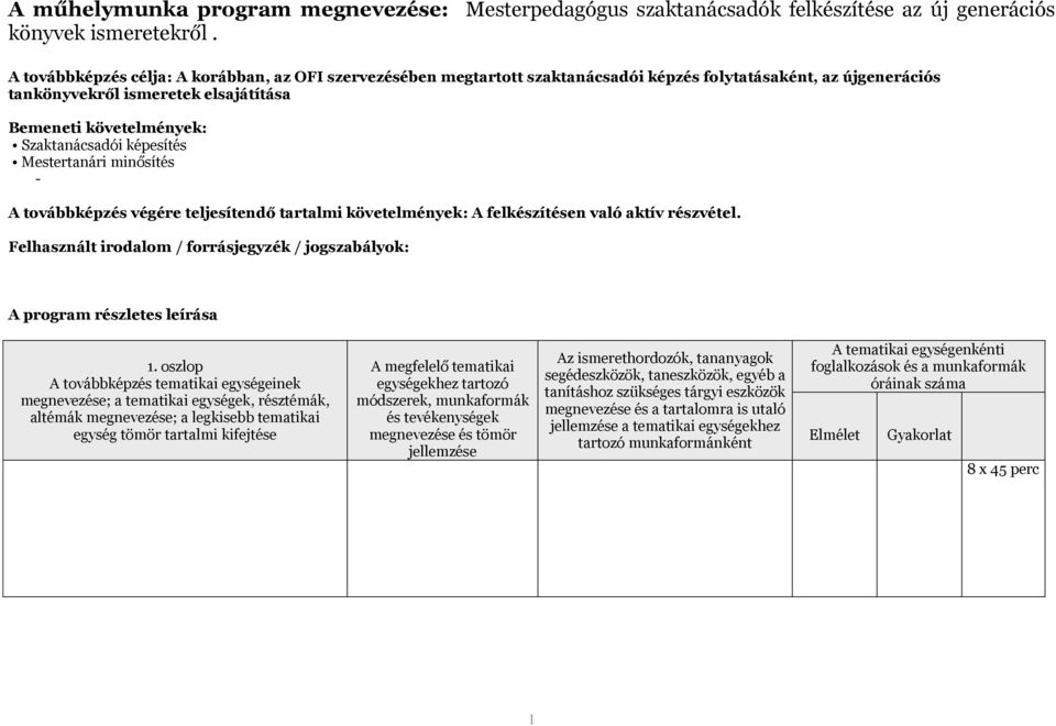 elsajátítása Bemeneti követelmények: Szaktanácsadói képesítés Mestertanári minősítés - A továbbképzés végére teljesítendő tartalmi