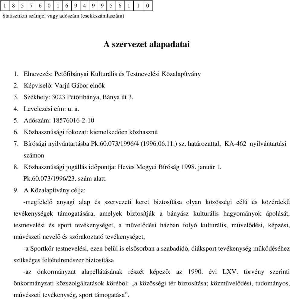 Közhasznúsági jogállás időpontja: Heves Megyei Bíróság 1998. január 1. Pk.60.073/1996/23. szám alatt. 9.