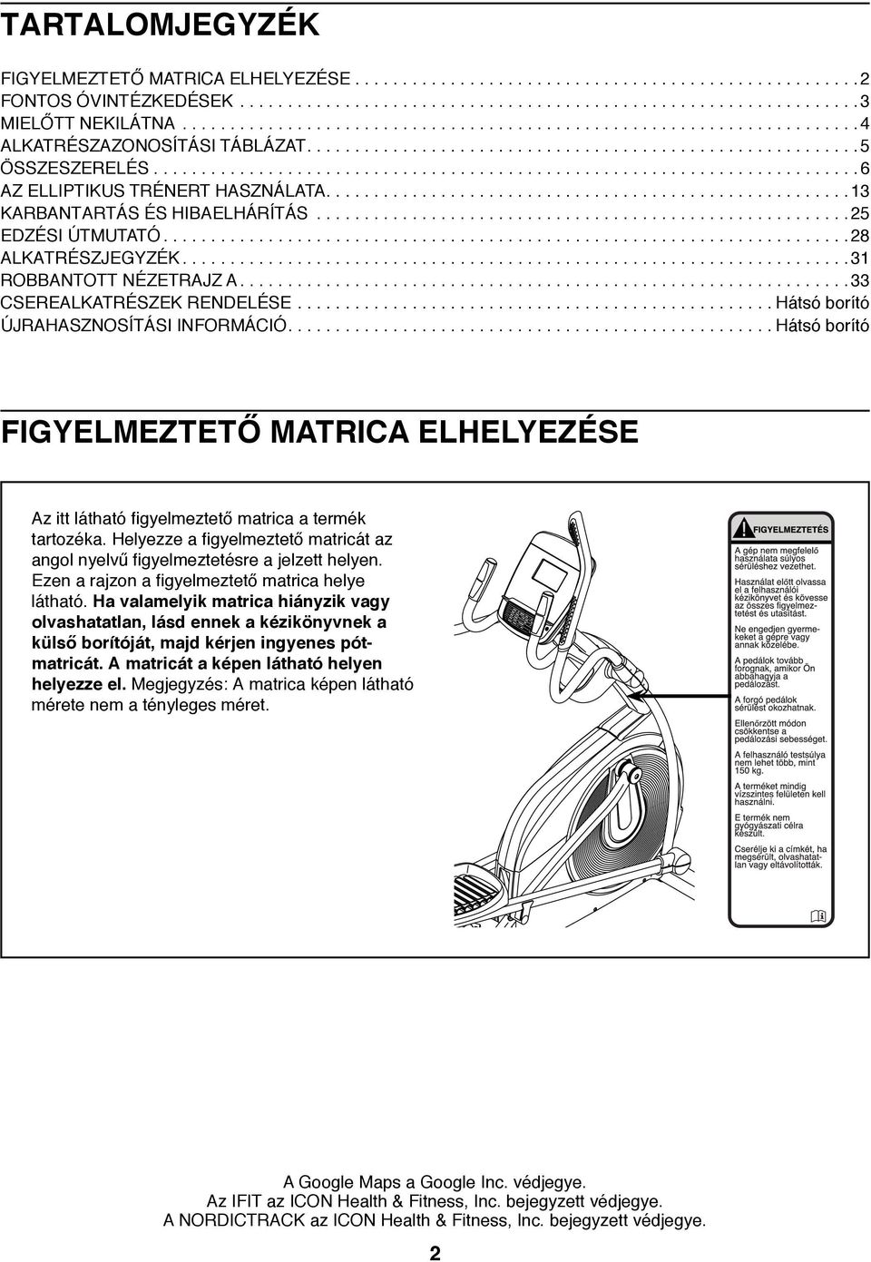 ......................................................................... 6 AZ ELLIPTIKUS TRÉNERT HASZNÁLATA.......................................................13 KARBANTARTÁS ÉS HIBAELHÁRÍTÁS.