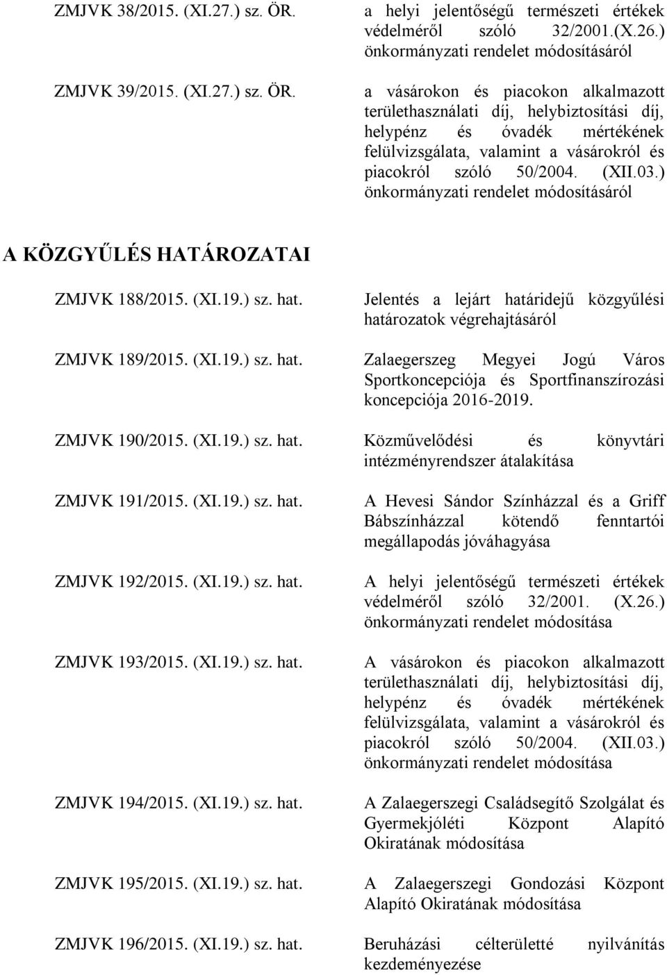 piacokról szóló 50/2004. (XII.03.) önkormányzati rendelet módosításáról A KÖZGYŰLÉS HATÁROZATAI ZMJVK 188/2015. (XI.19.) sz. hat.