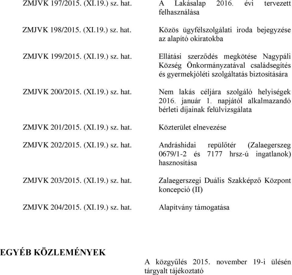 Közös ügyfélszolgálati iroda bejegyzése az alapító okiratokba Ellátási szerződés megkötése Nagypáli Község Önkormányzatával családsegítés és gyermekjóléti szolgáltatás biztosítására Nem lakás céljára