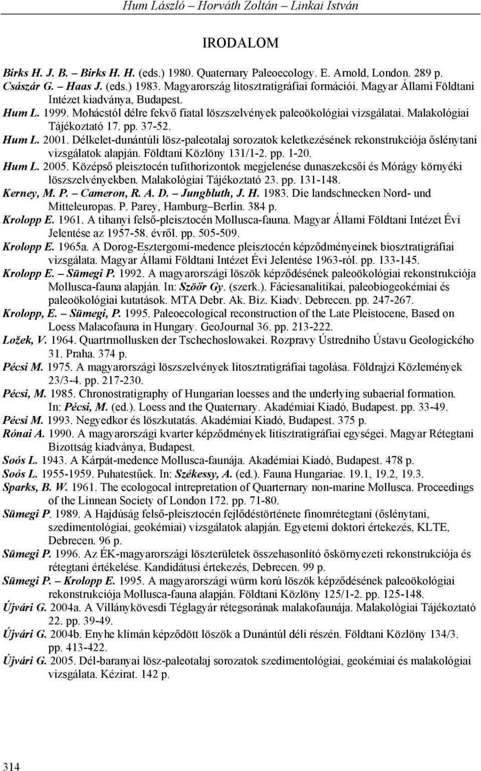 Malakológiai Tájékoztató 17. pp. 37-52. Hum L. 2001. Délkelet-dunántúli lösz-paleotalaj sorozatok keletkezésének rekonstrukciója őslénytani vizsgálatok alapján. Földtani Közlöny 131/1-2. pp. 1-20.