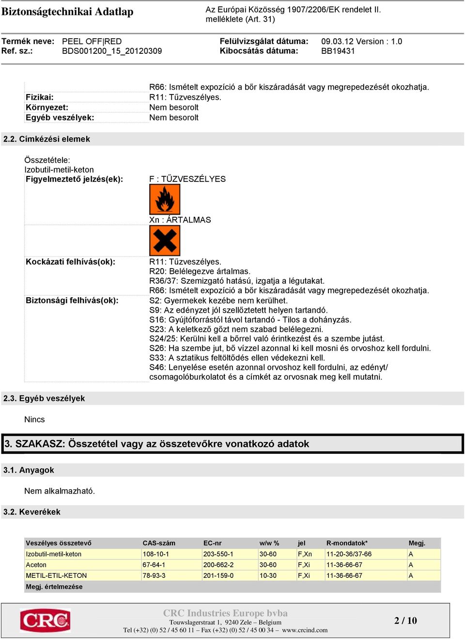 R20: Belélegezve ártalmas. R36/37: Szemizgató hatású, izgatja a légutakat. R66: Ismételt expozíció a bőr kiszáradását vagy megrepedezését okozhatja. S2: Gyermekek kezébe nem kerülhet.