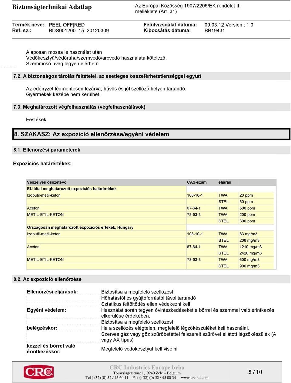 Meghatározott végfelhasználás (végfelhasználások) Festékek 8. SZAKASZ: Az expozíció ellenőrzése/egyéni védelem 8.1.