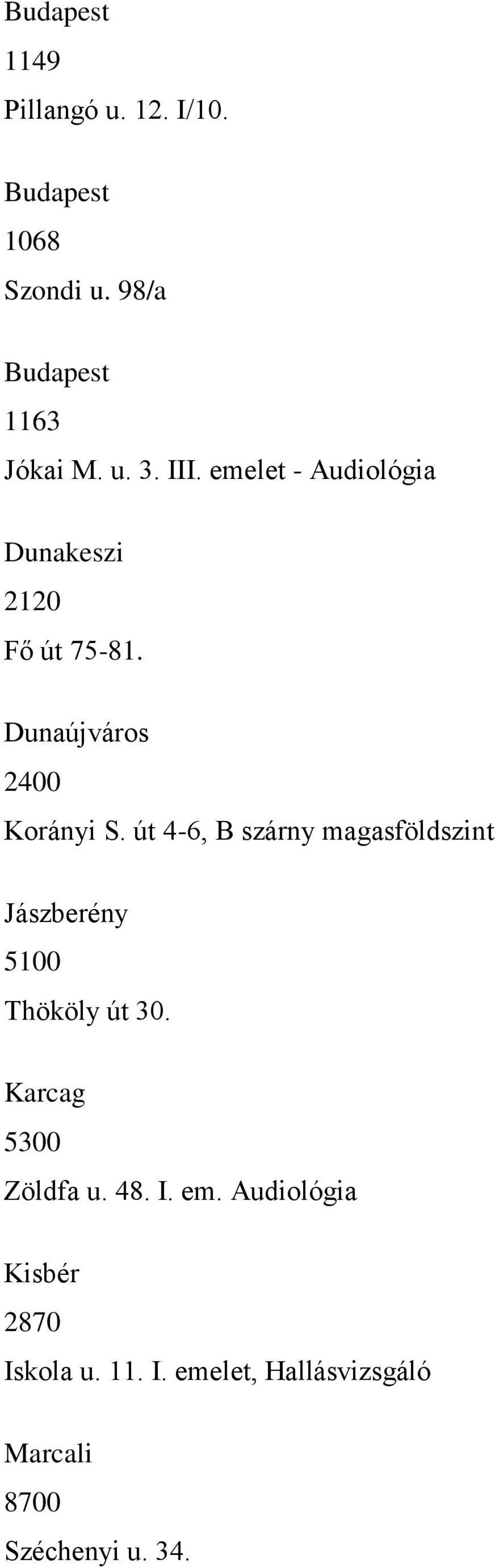 út 4-6, B szárny magasföldszint Jászberény 5100 Thököly út 30. Karcag 5300 Zöldfa u. 48. I.