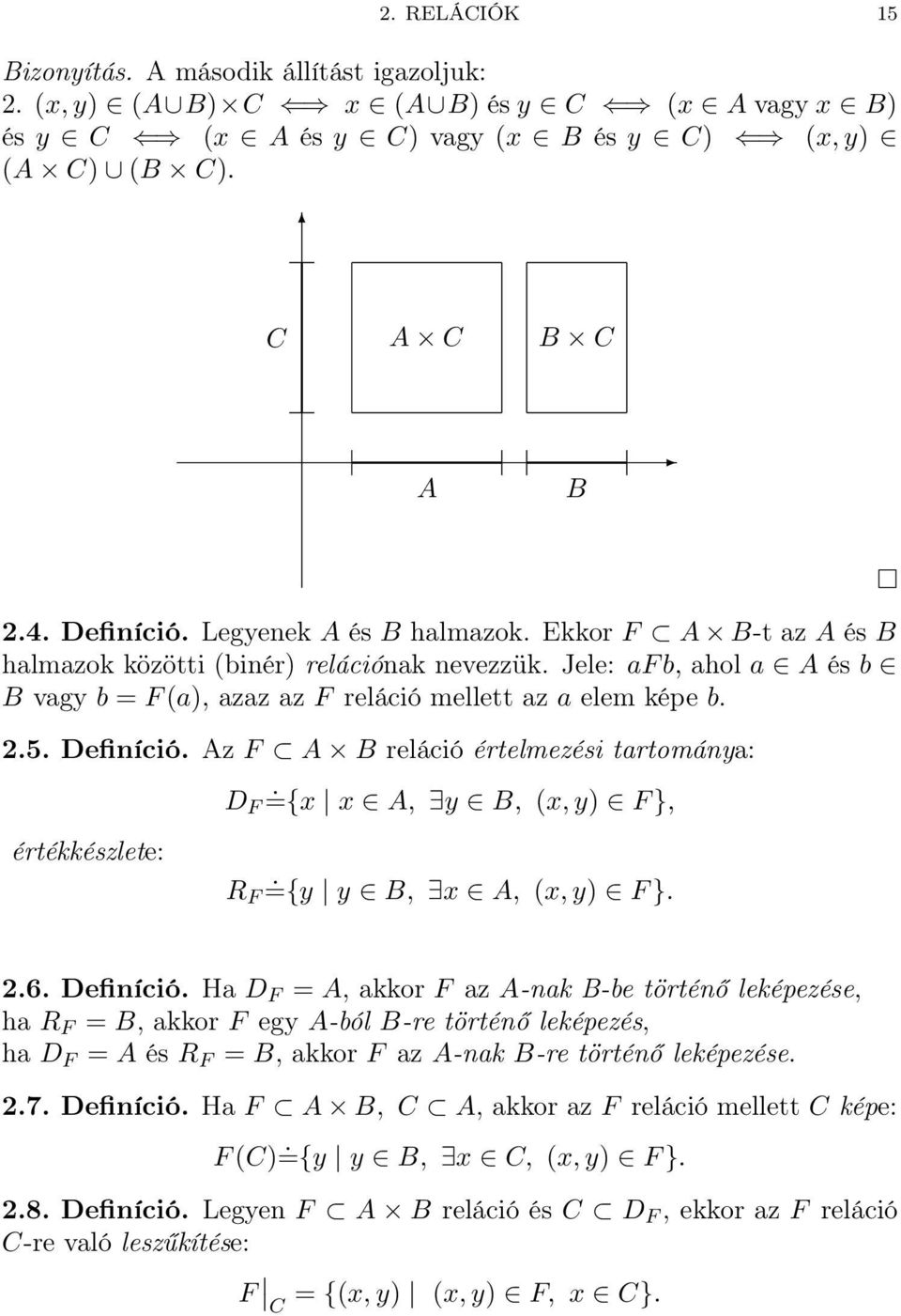 Az F A B reláció értelmezési tartománya: D F ={x x A, y B, (x, y) F }, értékkészlete: R F ={y y B, x A, (x, y) F }. 2.6. Definíció.