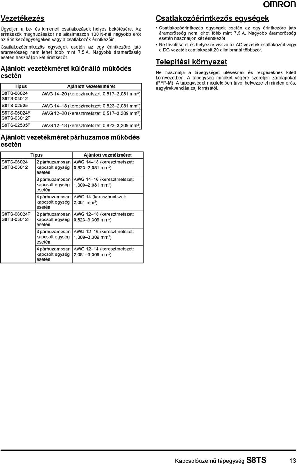 Ajánlott vezetékméret különálló működés esetén Típus Ajánlott vezetékméret S8TS-06024 AWG 14 20 (keresztmetszet: 0,517 2,081 mm 2 ) S8TS-03012 S8TS-02505 AWG 14 18 (keresztmetszet: 0,823 2,081 mm 2 )